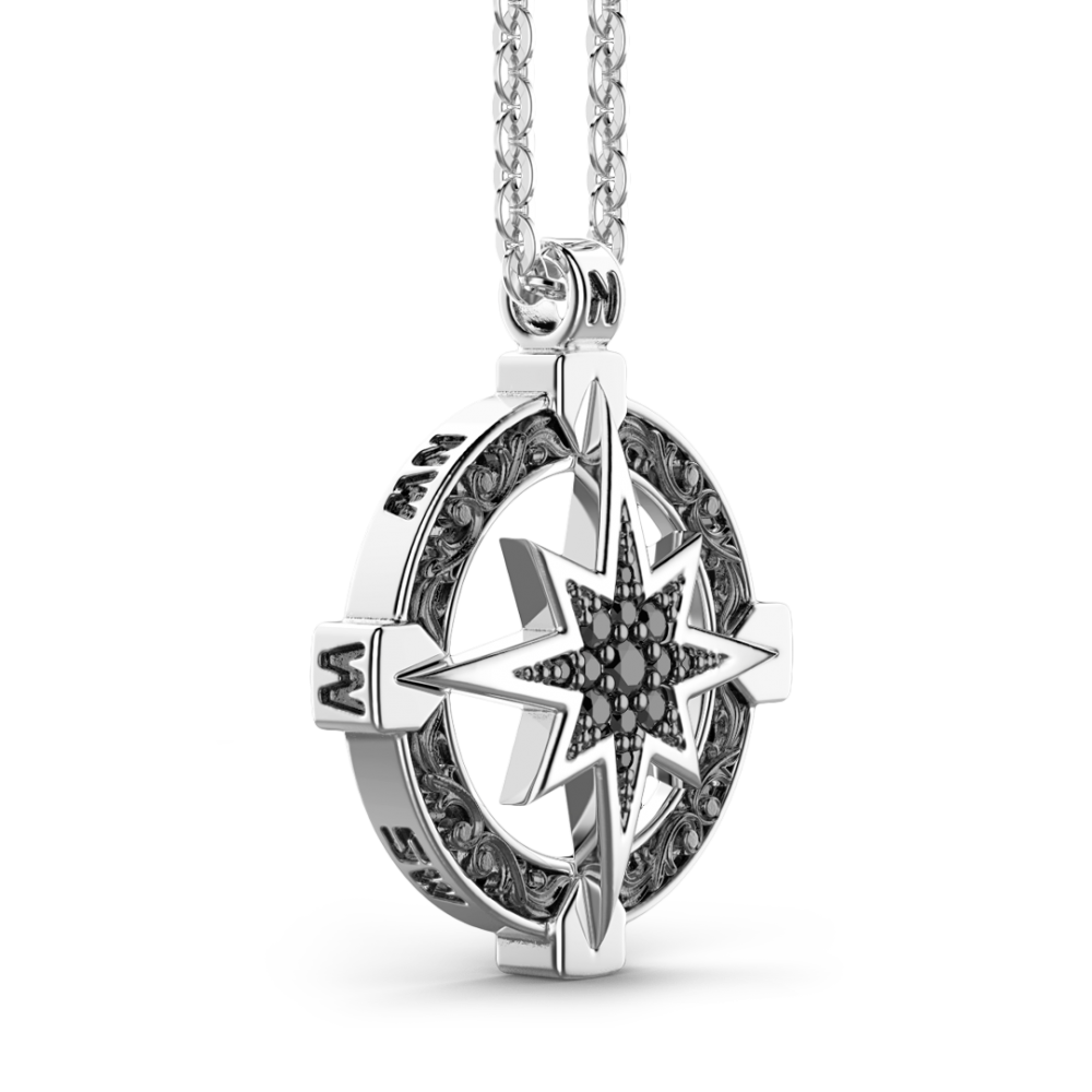 Zancan-Kette aus Silber mit Windrosenanhänger und schwarzen Edelsteinen