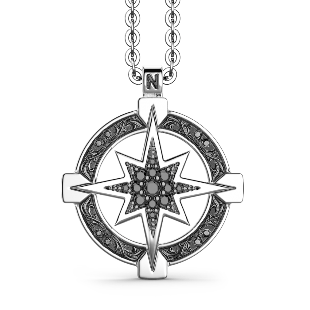 Zancan-Kette aus Silber mit Windrosenanhänger und schwarzen Edelsteinen