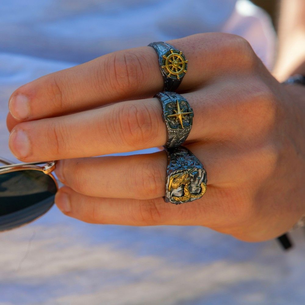 Zancan-Ring aus brüniertem Silber mit Windrose